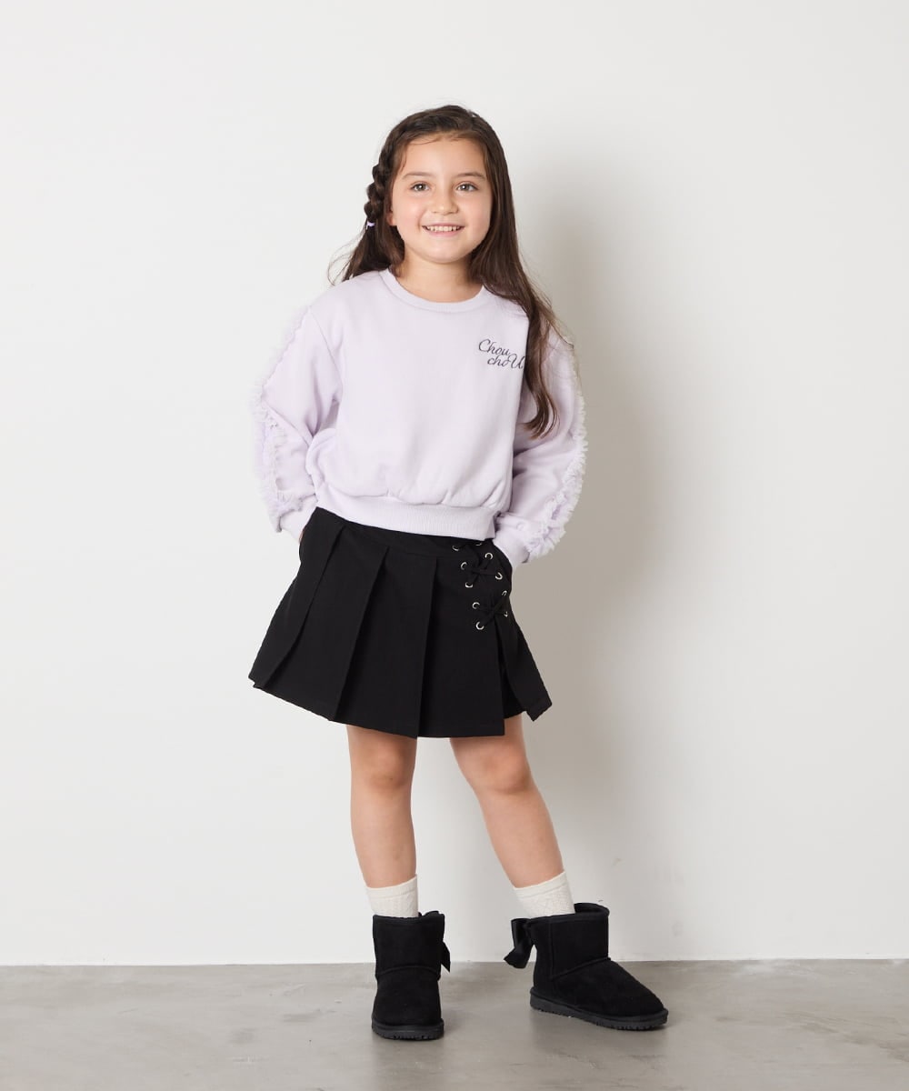 KJKAD50022 a.v.v KIDS(アー・ヴェ・ヴェ) [100-160]【WEB限定商品/裏起毛/チュールフリル/ワンポイント刺繍/クロップド丈】チュールスリーブクロップドトレーナー ダークグレー