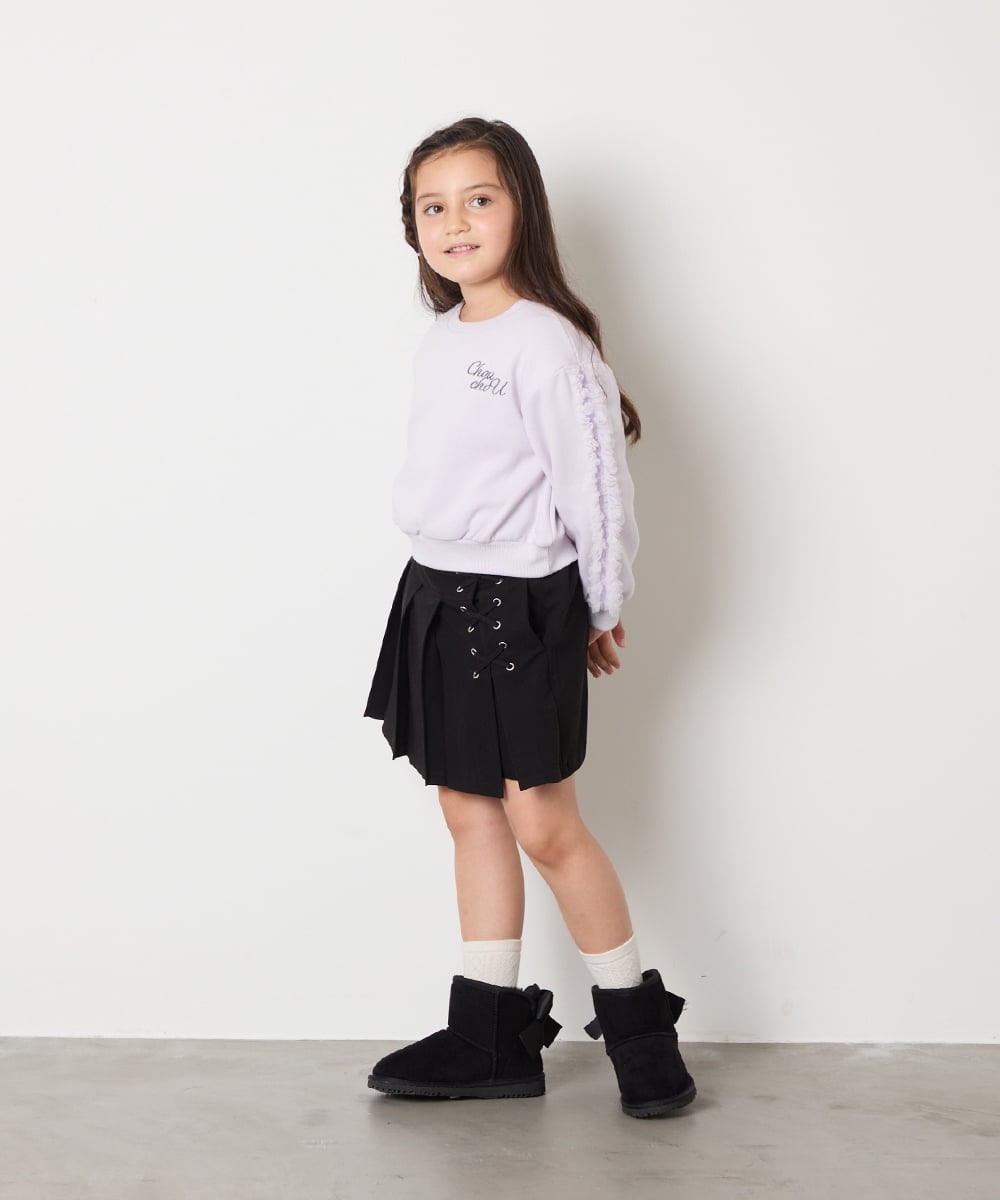 KJKAD50022 a.v.v KIDS(アー・ヴェ・ヴェ) [100-160]【WEB限定商品/裏起毛/チュールフリル/ワンポイント刺繍/クロップド丈】チュールスリーブクロップドトレーナー ダークグレー
