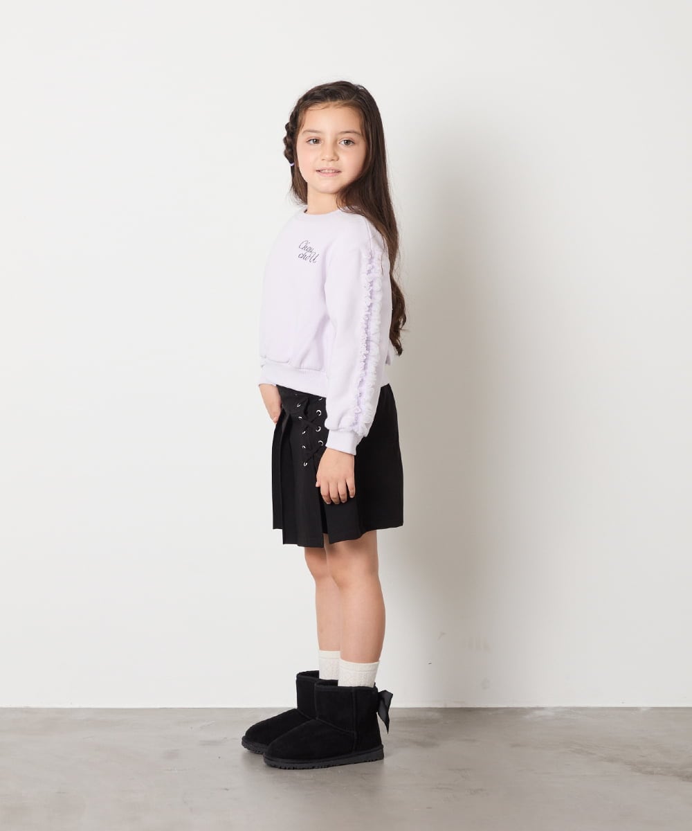KJKAD50022 a.v.v KIDS(アー・ヴェ・ヴェ) [100-160]【WEB限定商品/裏起毛/チュールフリル/ワンポイント刺繍/クロップド丈】チュールスリーブクロップドトレーナー ダークグレー