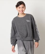 KJKAD50022 a.v.v KIDS(アー・ヴェ・ヴェ) [100-160]【WEB限定商品/裏起毛/チュールフリル/ワンポイント刺繍/クロップド丈】チュールスリーブクロップドトレーナー ダークグレー