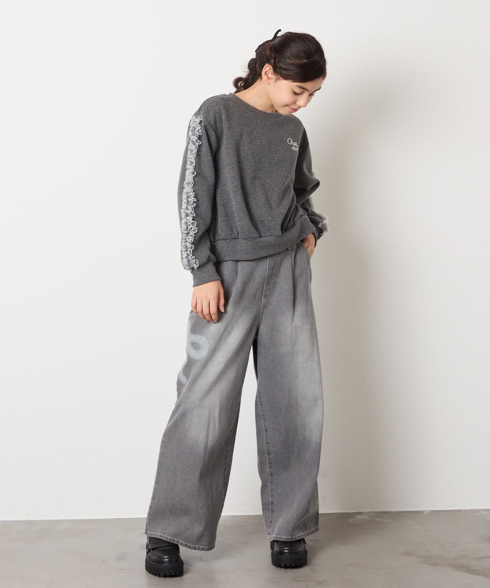 KJKAD50022 a.v.v KIDS(アー・ヴェ・ヴェ) [100-160]【WEB限定商品/裏起毛/チュールフリル/ワンポイント刺繍/クロップド丈】チュールスリーブクロップドトレーナー ダークグレー