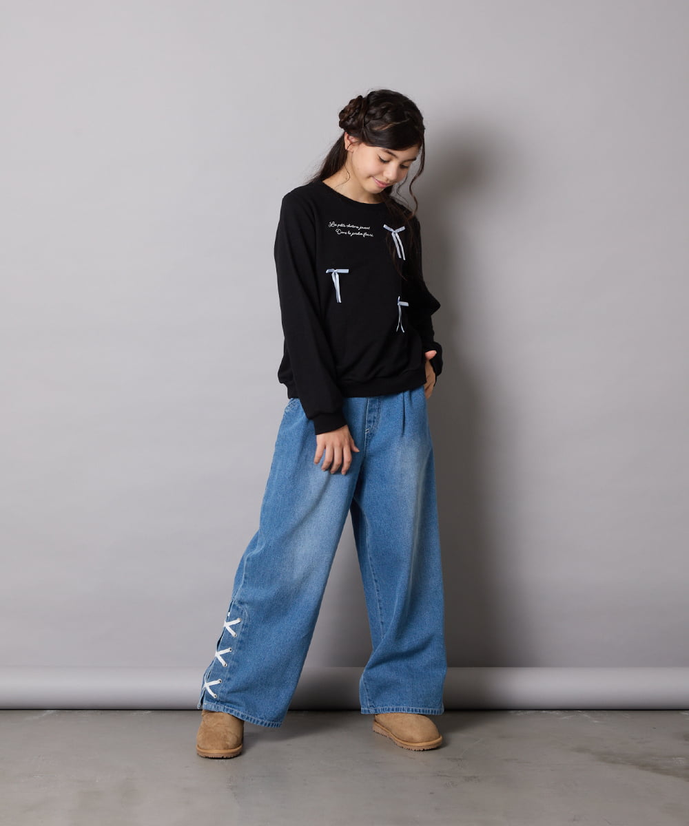 KJKAD51018 a.v.v KIDS(アー・ヴェ・ヴェ) [100-160]【WEB限定商品/サテンリボンがカワイイ】リボン付きロゴトレーナー ライトブルー