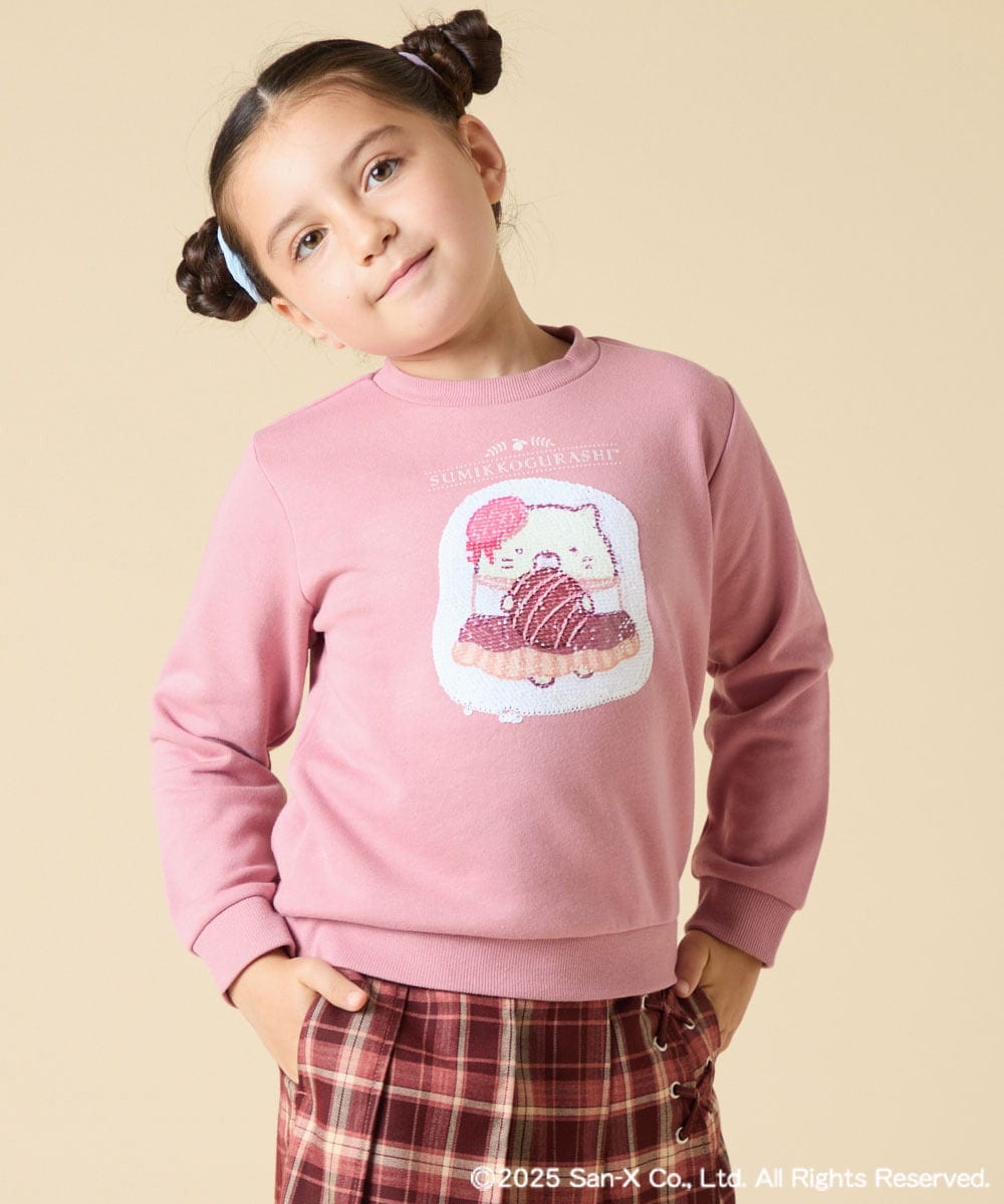 KJKAD80034 a.v.v KIDS(アー・ヴェ・ヴェ) [100-140]【a.v.v限定デザイン/アートが変わるスパンコール/しろくまとねこ/とかげとぺんぎん】すみっコぐらしスパンコールトレーナー ピンク