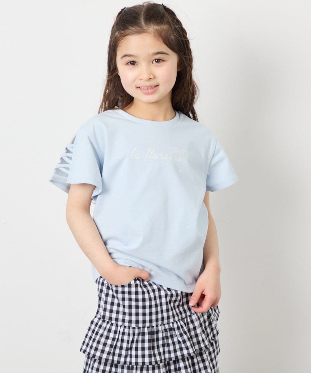KJKFD07016 a.v.v KIDS(アー・ヴェ・ヴェ) [120-160]【接触冷感/安心の綿100％/毛玉になりにくい】レースアップスリーブTシャツ ライトブルー