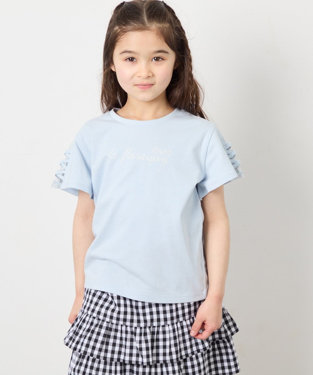 KJKFD07016 a.v.v KIDS(アー・ヴェ・ヴェ) [120-160]【接触冷感/安心の綿100％/毛玉になりにくい】レースアップスリーブTシャツ ライトブルー