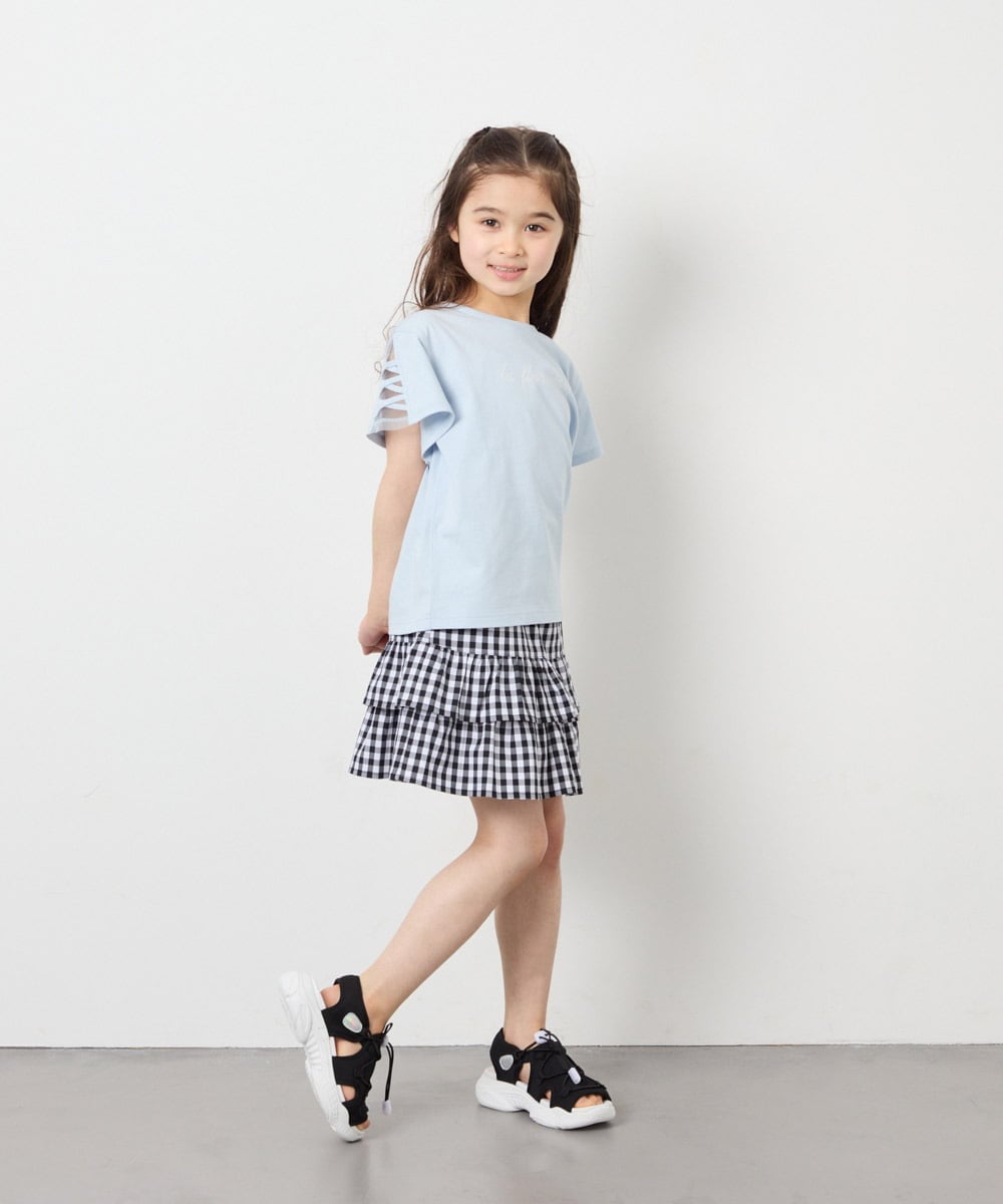 KJKFD07016 a.v.v KIDS(アー・ヴェ・ヴェ) [120-160]【接触冷感/安心の綿100％/毛玉になりにくい】レースアップスリーブTシャツ ライトブルー