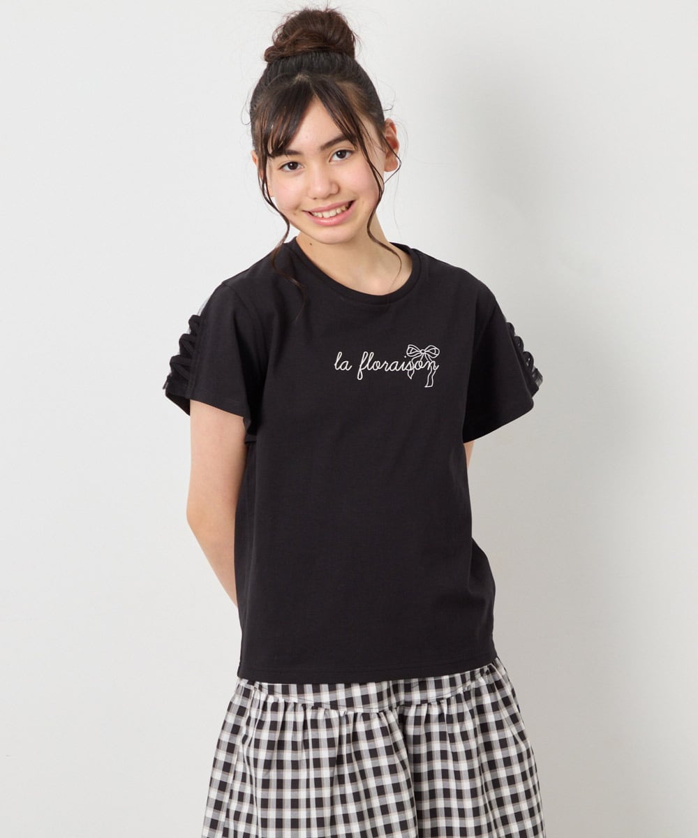 KJKFD07016 a.v.v KIDS(アー・ヴェ・ヴェ) [120-160]【接触冷感/安心の綿100％/毛玉になりにくい】レースアップスリーブTシャツ ブラック