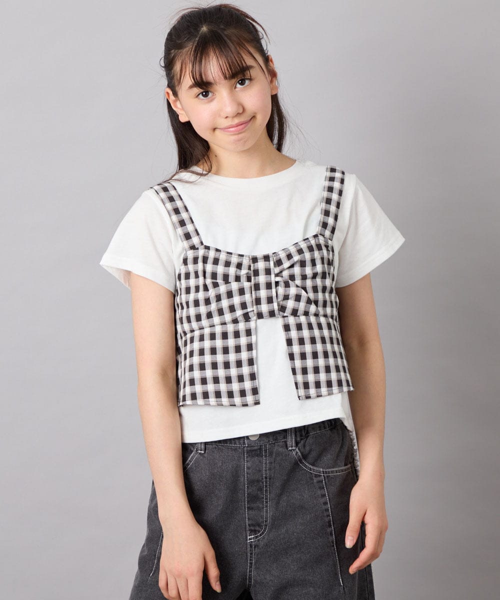 KJKFD59039 a.v.v KIDS(アー・ヴェ・ヴェ) [120-160][ママとお揃いコーデが叶う/セットアップ可能]リボンビスチェドッキングTシャツ ブラック