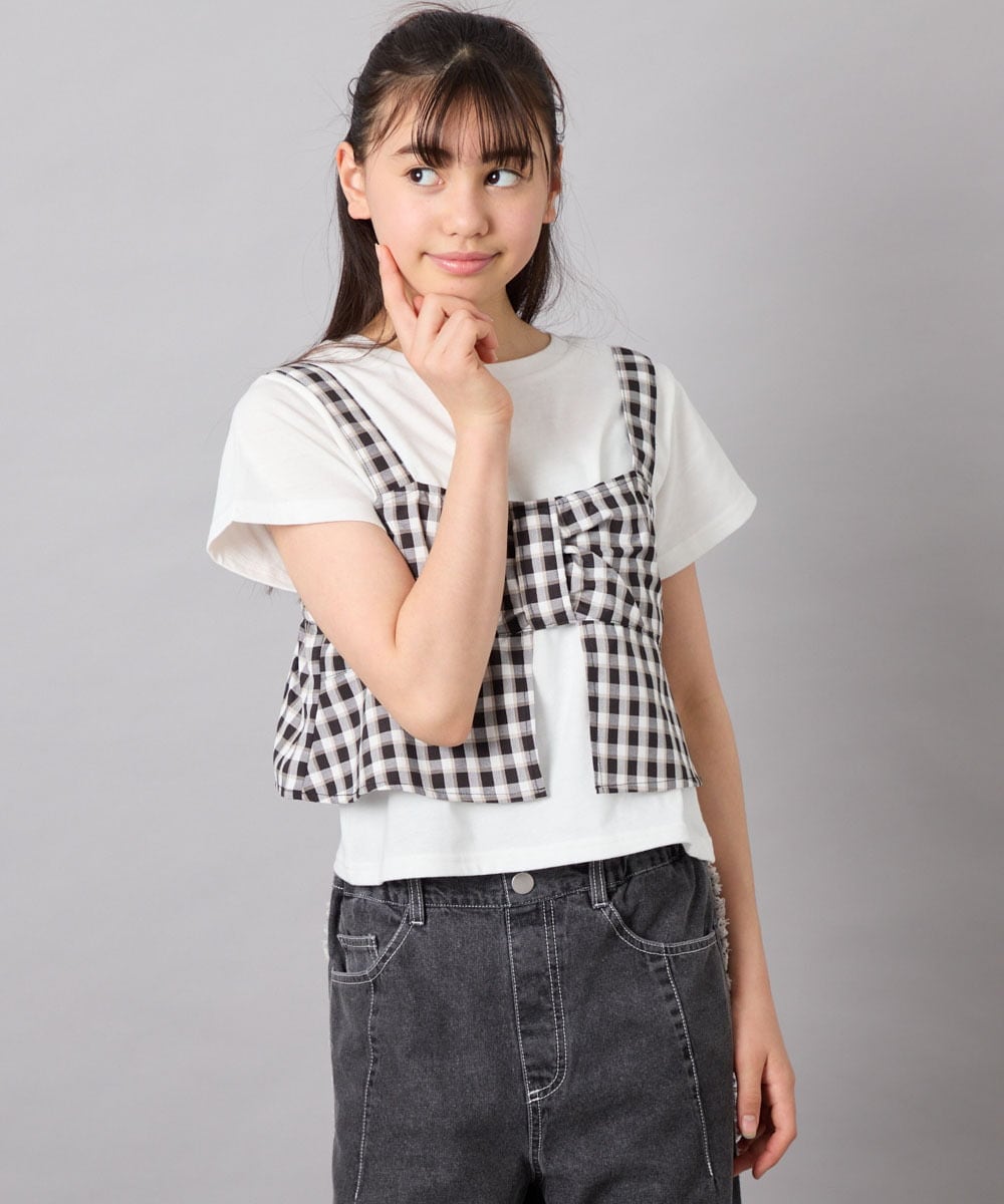KJKFD59039 a.v.v KIDS(アー・ヴェ・ヴェ) [120-160][ママとお揃いコーデが叶う/セットアップ可能]リボンビスチェドッキングTシャツ ブラック