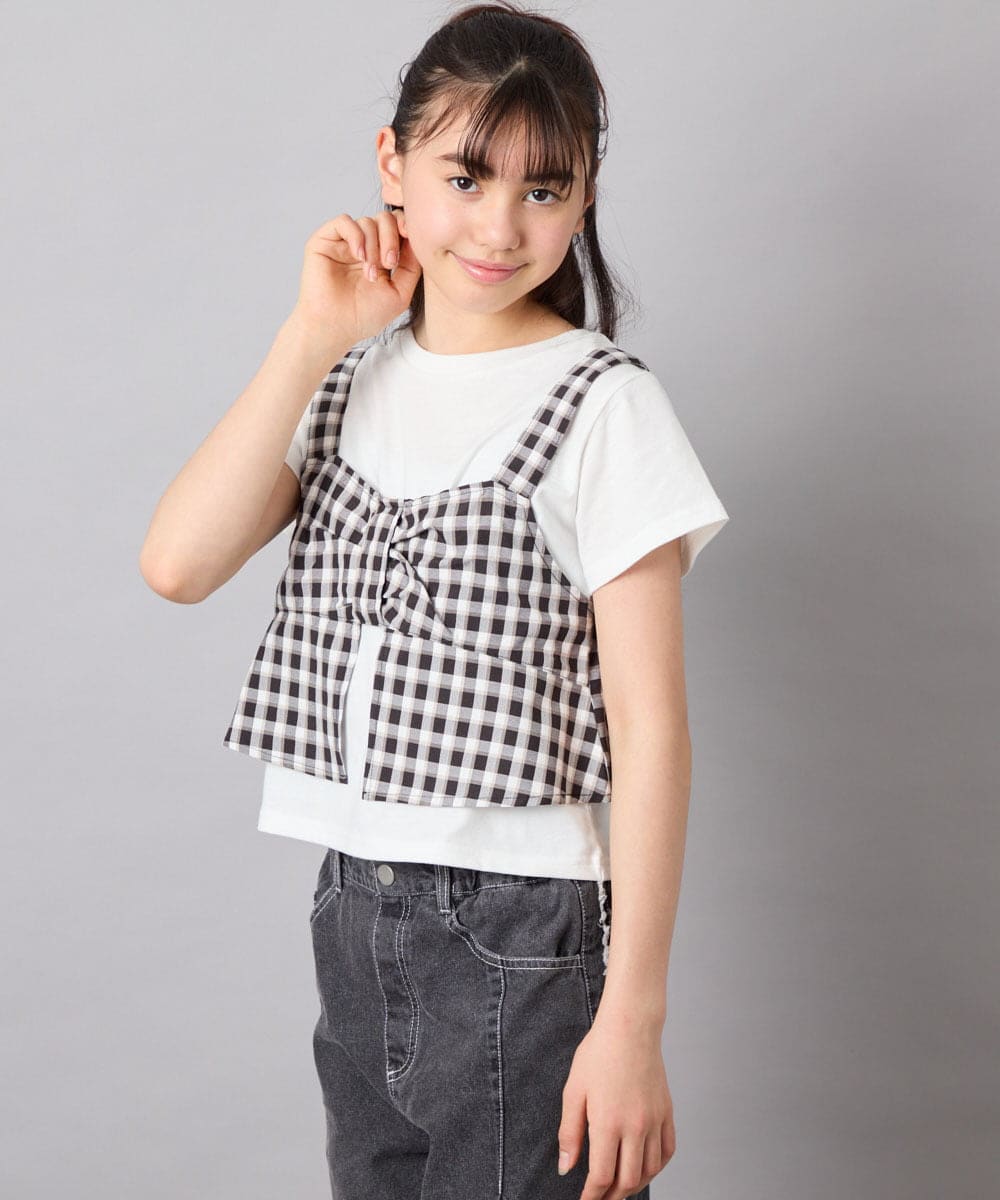 KJKFD59039 a.v.v KIDS(アー・ヴェ・ヴェ) [120-160][ママとお揃いコーデが叶う/セットアップ可能]リボンビスチェドッキングTシャツ ブラック