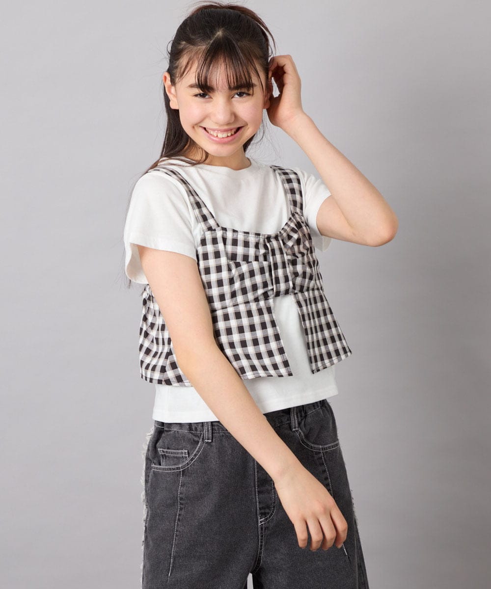 KJKFD59039 a.v.v KIDS(アー・ヴェ・ヴェ) [120-160][ママとお揃いコーデが叶う/セットアップ可能]リボンビスチェドッキングTシャツ ブラック