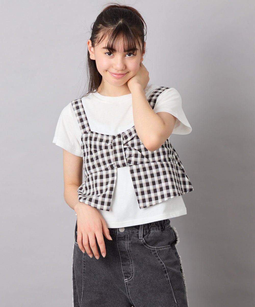 KJKFD59039 a.v.v KIDS(アー・ヴェ・ヴェ) [120-160][ママとお揃いコーデが叶う/セットアップ可能]リボンビスチェドッキングTシャツ ブラック