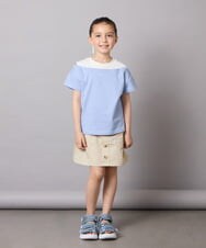 KJKGA03024 a.v.v KIDS(アー・ヴェ・ヴェ) 【接触冷感/ジメジメ対策/毛玉になりにくい/安心の綿100％】[120-130]オフショルレイヤードロゴTシャツ ライトブルー