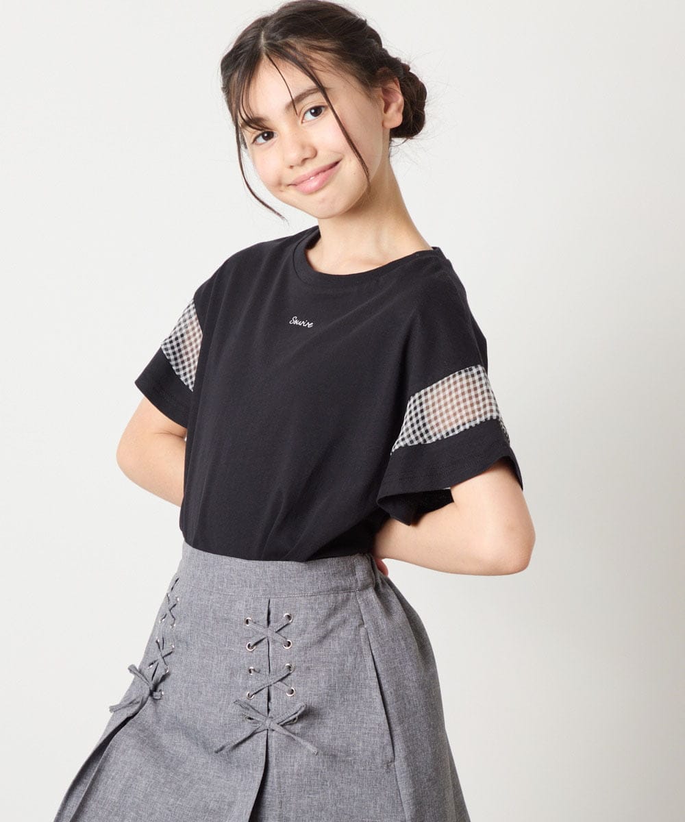 KJKGA23016 a.v.v KIDS(アー・ヴェ・ヴェ) 【累計1万枚販売/接触冷感/毛玉になりにくい/安心の綿100％】[100-130]シアーギンガムスリーブＴシャツ ブラック