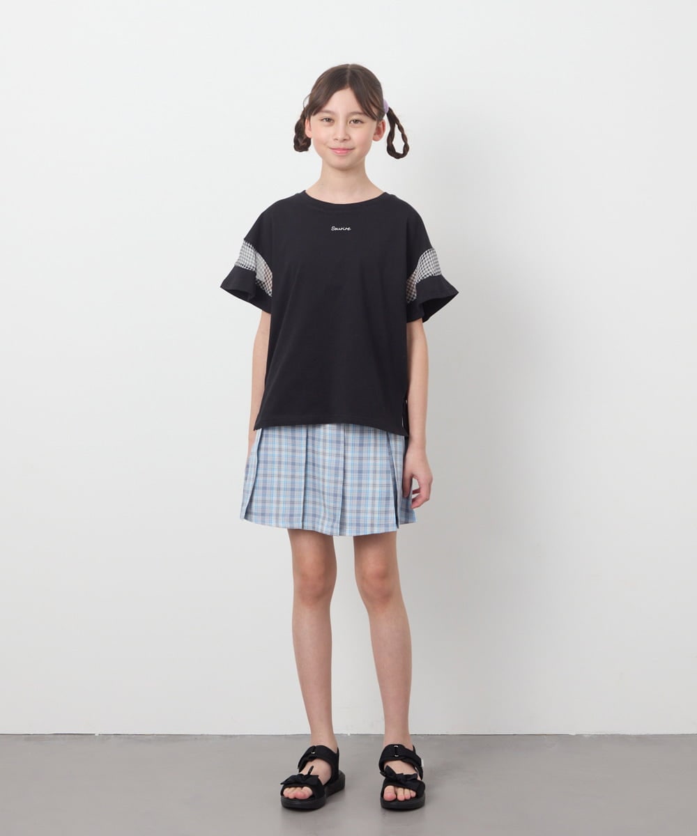 KJKGC23021 a.v.v KIDS(アー・ヴェ・ヴェ) 【累計1万枚販売/接触冷感/ジメジメ対策/毛玉になりにくい/安心の綿100％】[160]シアーギンガムキリカエスリーブＴシャツ ライトブルー