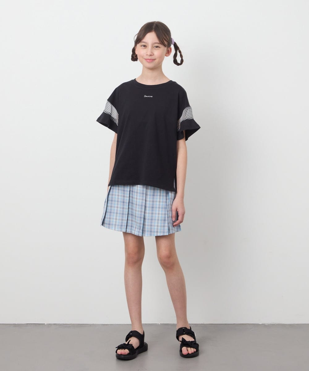 KJKGC23021 a.v.v KIDS(アー・ヴェ・ヴェ) 【累計1万枚販売/接触冷感/ジメジメ対策/毛玉になりにくい/安心の綿100％】[160]シアーギンガムキリカエスリーブＴシャツ ライトブルー