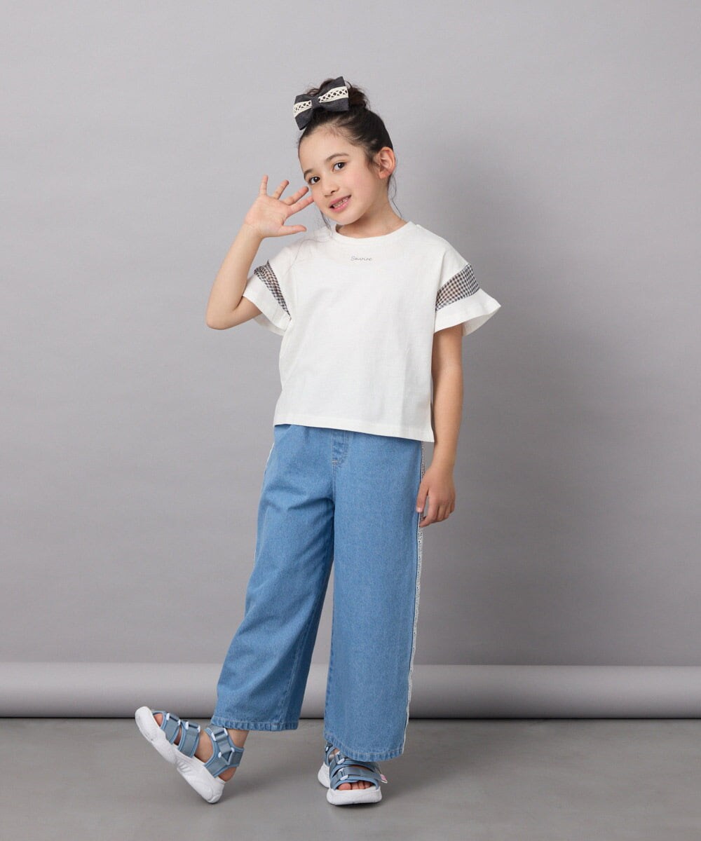 KJKGC23021 a.v.v KIDS(アー・ヴェ・ヴェ) 【累計1万枚販売/接触冷感/ジメジメ対策/毛玉になりにくい/安心の綿100％】[160]シアーギンガムキリカエスリーブＴシャツ ライトブルー