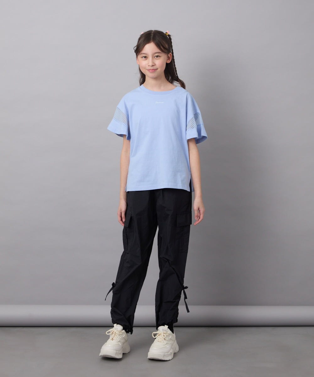 KJKGC23021 a.v.v KIDS(アー・ヴェ・ヴェ) 【累計1万枚販売/接触冷感/ジメジメ対策/毛玉になりにくい/安心の綿100％】[160]シアーギンガムキリカエスリーブＴシャツ ライトブルー