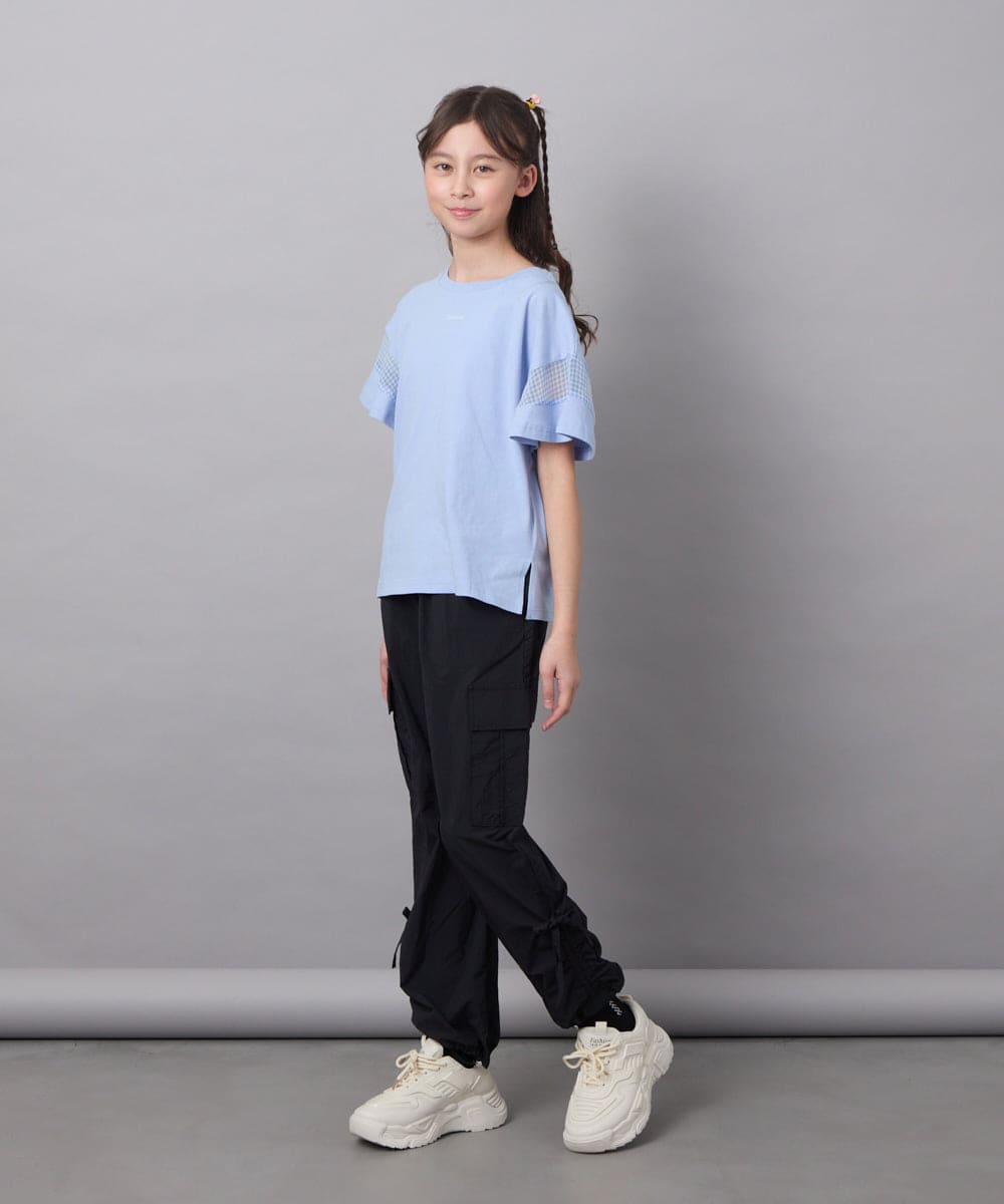 KJKGC23021 a.v.v KIDS(アー・ヴェ・ヴェ) 【累計1万枚販売/接触冷感/ジメジメ対策/毛玉になりにくい/安心の綿100％】[160]シアーギンガムキリカエスリーブＴシャツ ライトブルー