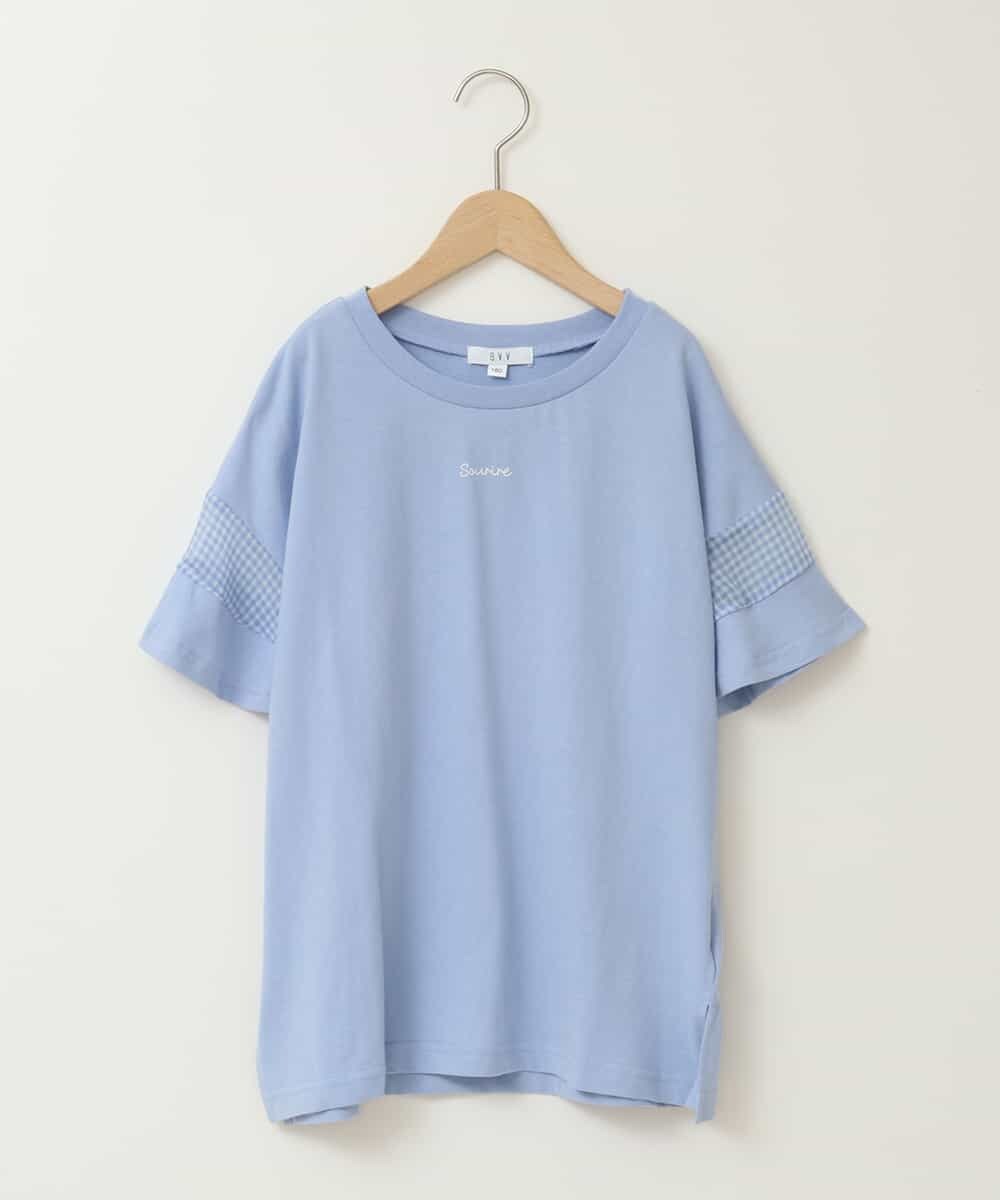 KJKGC23021 a.v.v KIDS(アー・ヴェ・ヴェ) 【累計1万枚販売/接触冷感/ジメジメ対策/毛玉になりにくい/安心の綿100％】[160]シアーギンガムキリカエスリーブＴシャツ ライトブルー
