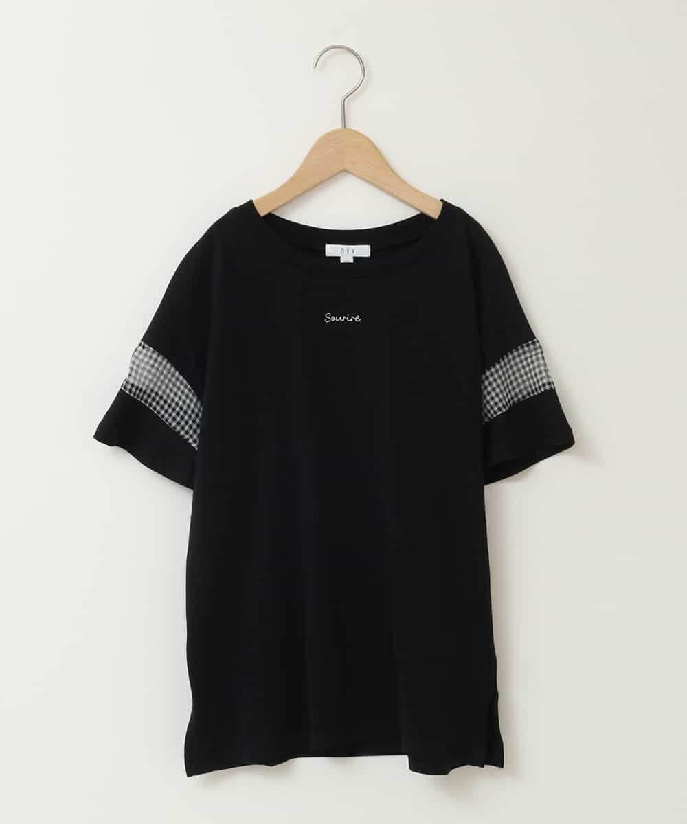 KJKGC23021 a.v.v KIDS(アー・ヴェ・ヴェ) 【累計1万枚販売/接触冷感/ジメジメ対策/毛玉になりにくい/安心の綿100％】[160]シアーギンガムキリカエスリーブＴシャツ ブラック