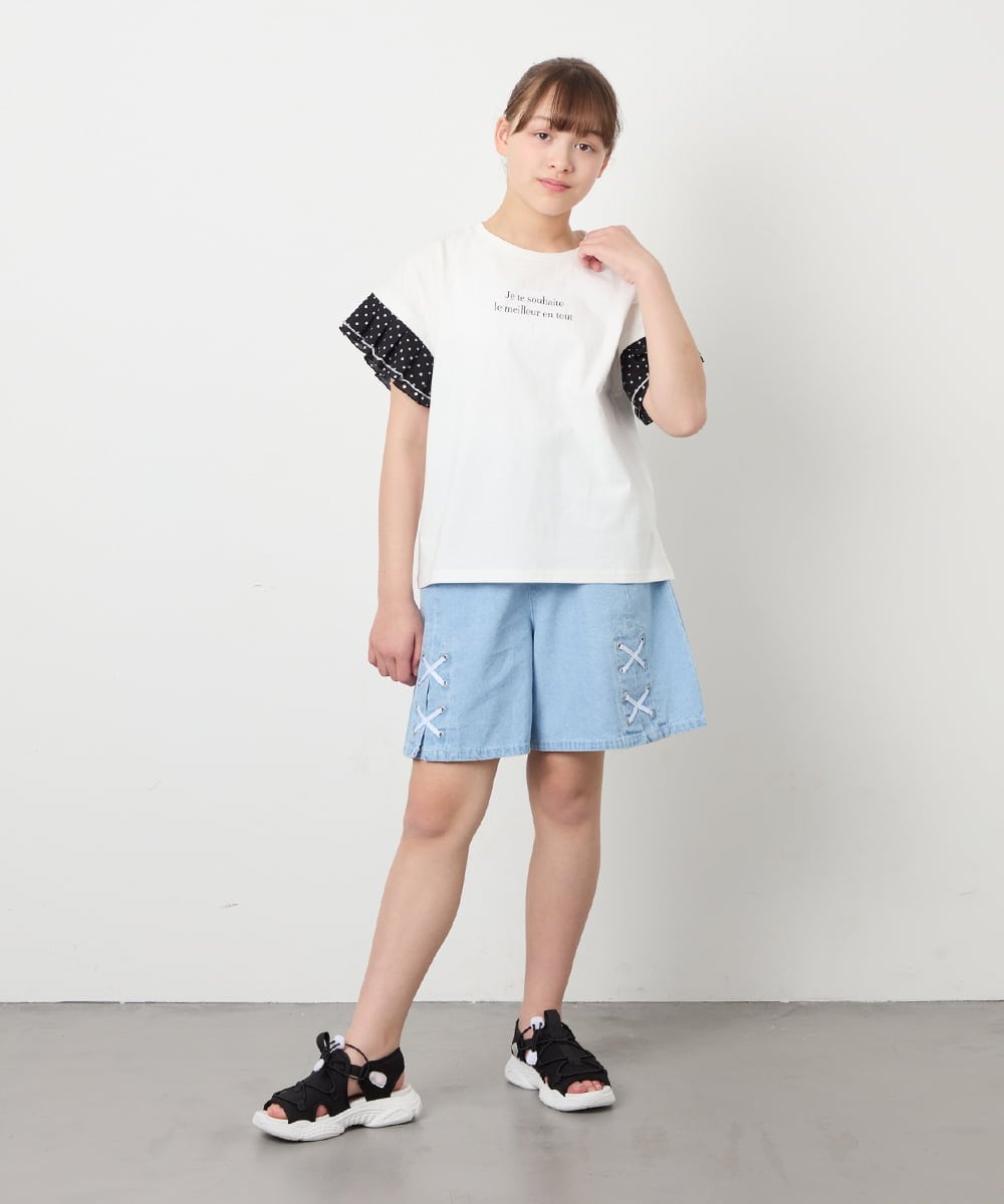 KJKGD01015 a.v.v KIDS(アー・ヴェ・ヴェ) [110-160]【WEB限定】ドットチュール袖Tシャツ ホワイト
