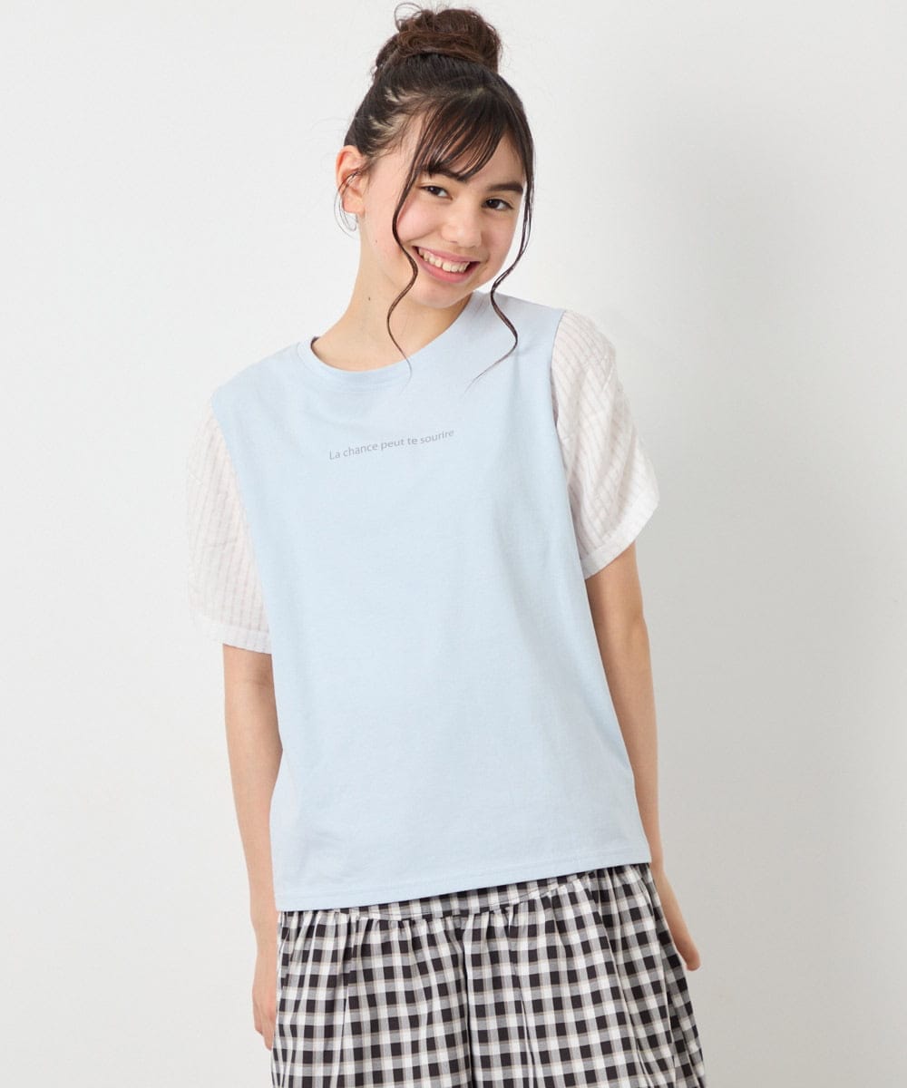 KJKGD42015 a.v.v KIDS(アー・ヴェ・ヴェ) [110-160]【WEB限定】シアーギンガムスリーブTシャツ ライトブルー
