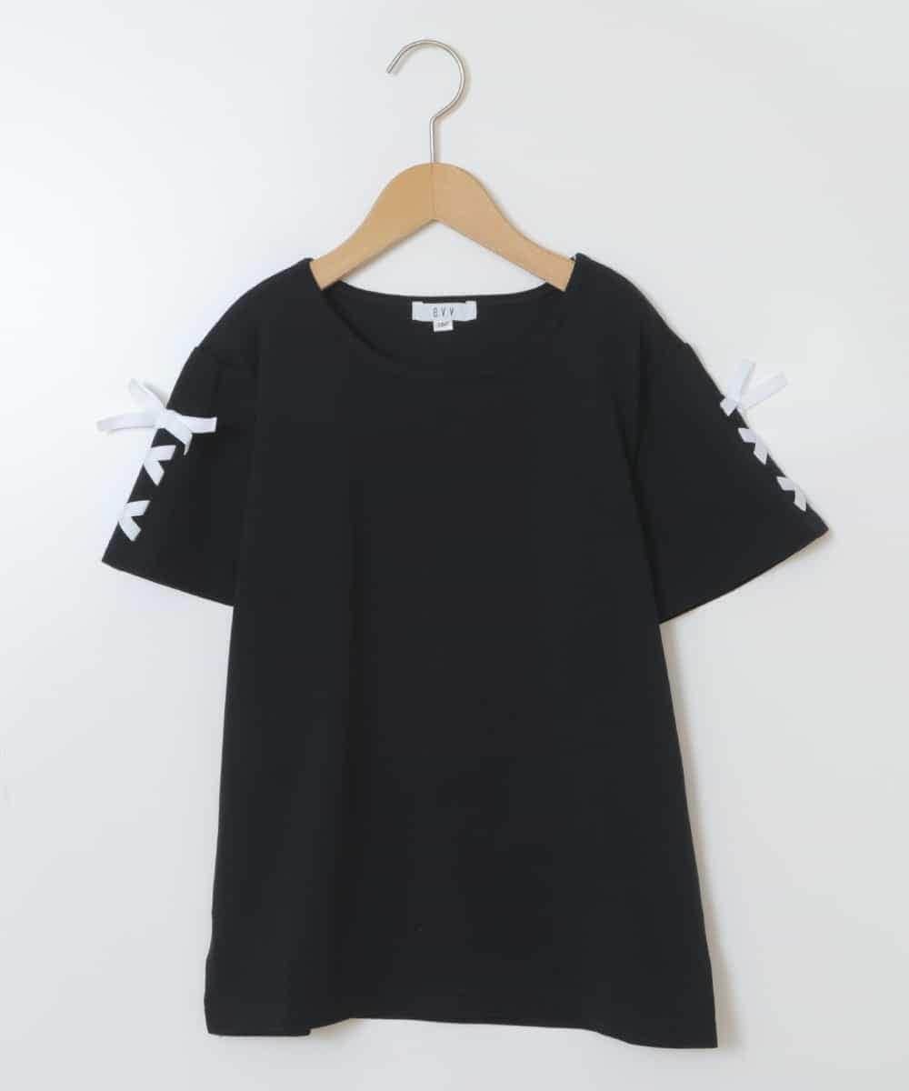 KJKGS02016 a.v.v KIDS(アー・ヴェ・ヴェ) [100-130]レースアップリボンスリーブＴシャツ ブラック
