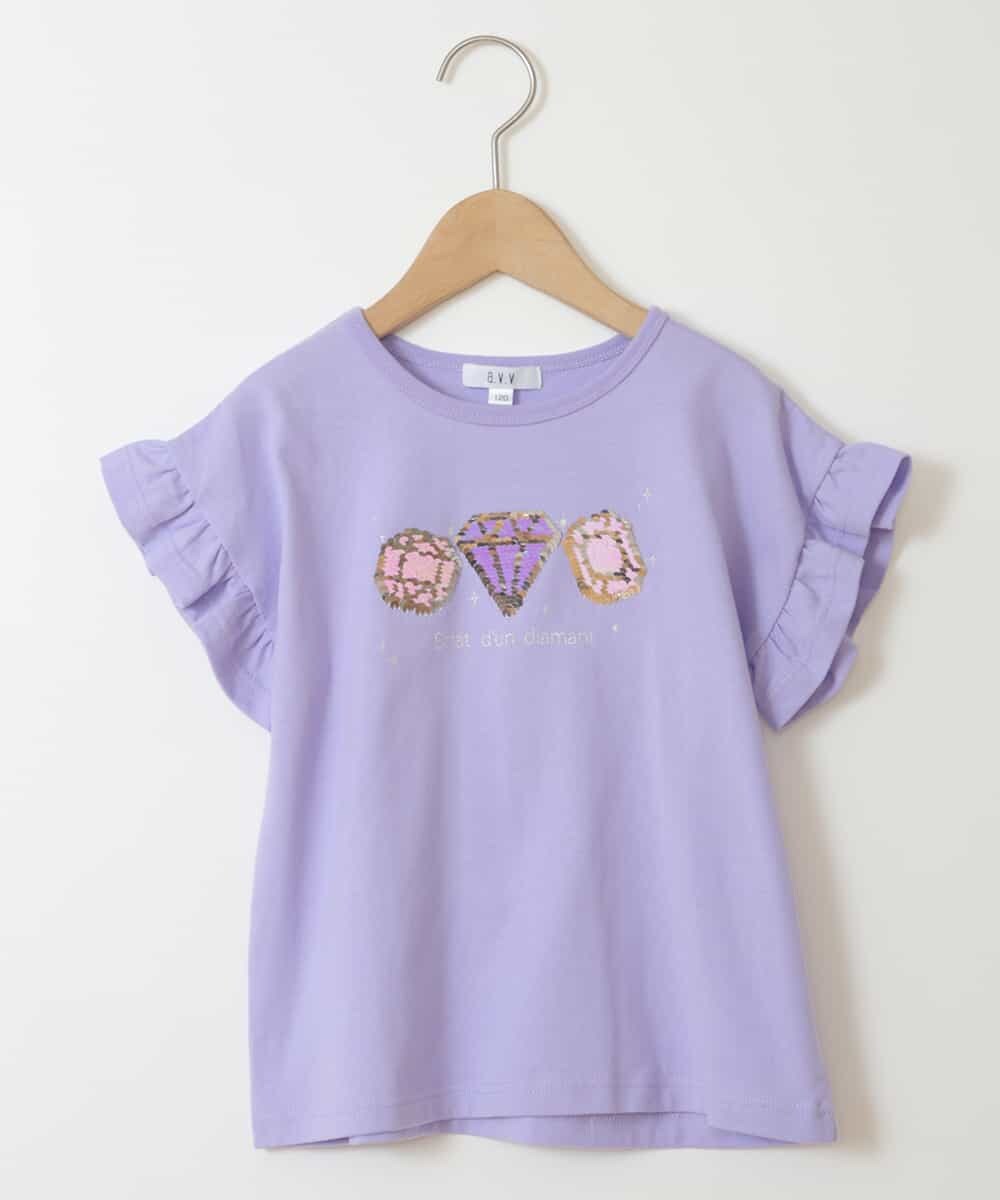 KJKGS14019 a.v.v KIDS(アー・ヴェ・ヴェ) [100-130]袖フリルスパンコールＴシャツ ラベンダー