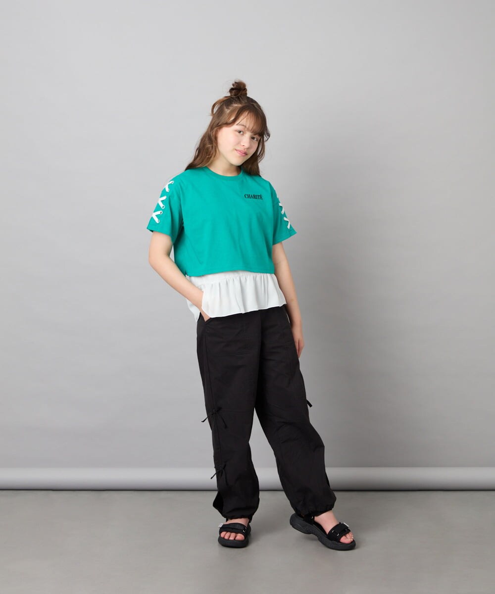 KJKHD75035 a.v.v KIDS(アー・ヴェ・ヴェ) [130-160]【冷感/UVカット】レースアップロゴTシャツ グリーン