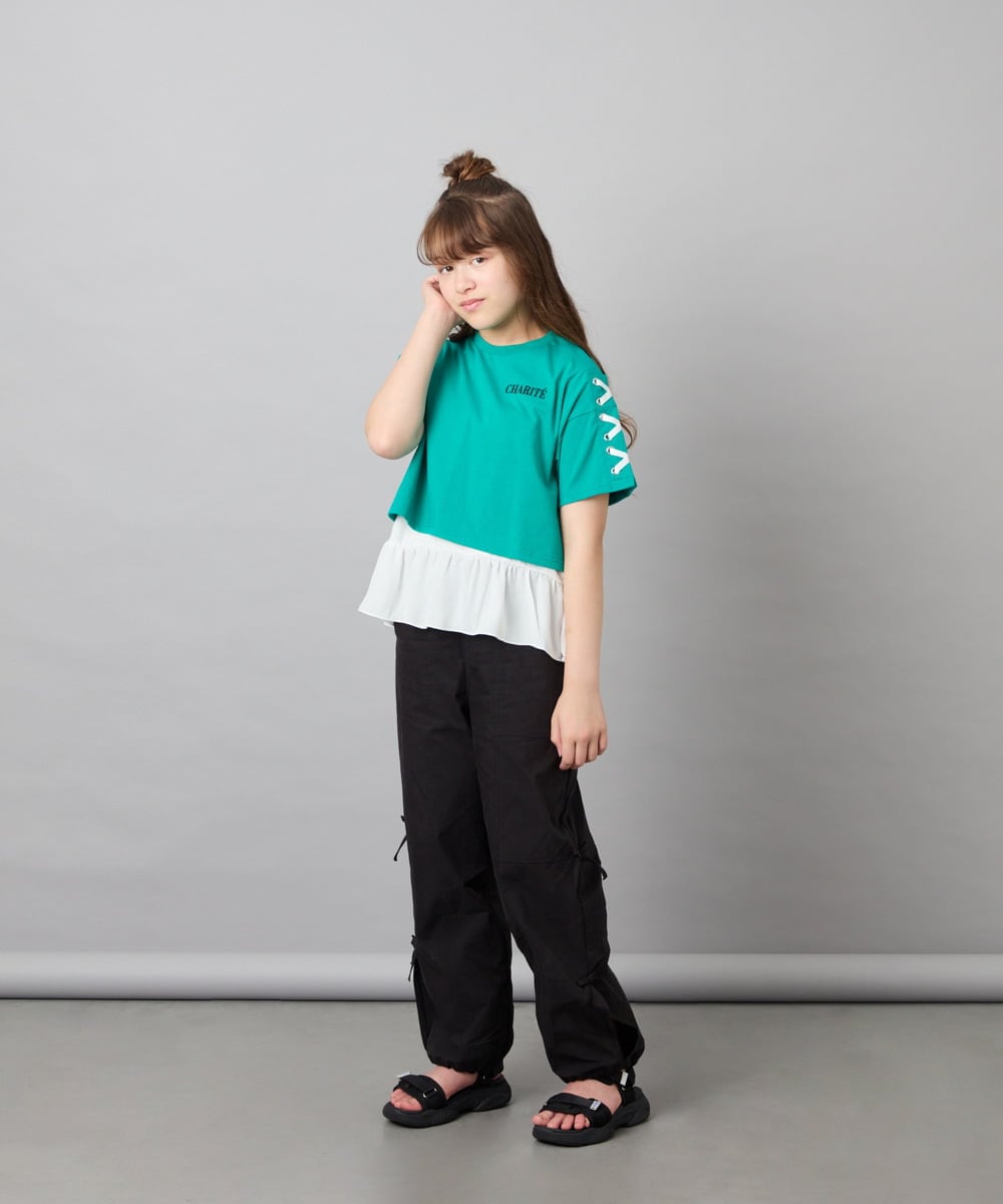 KJKHD75035 a.v.v KIDS(アー・ヴェ・ヴェ) [130-160]【冷感/UVカット】レースアップロゴTシャツ グリーン