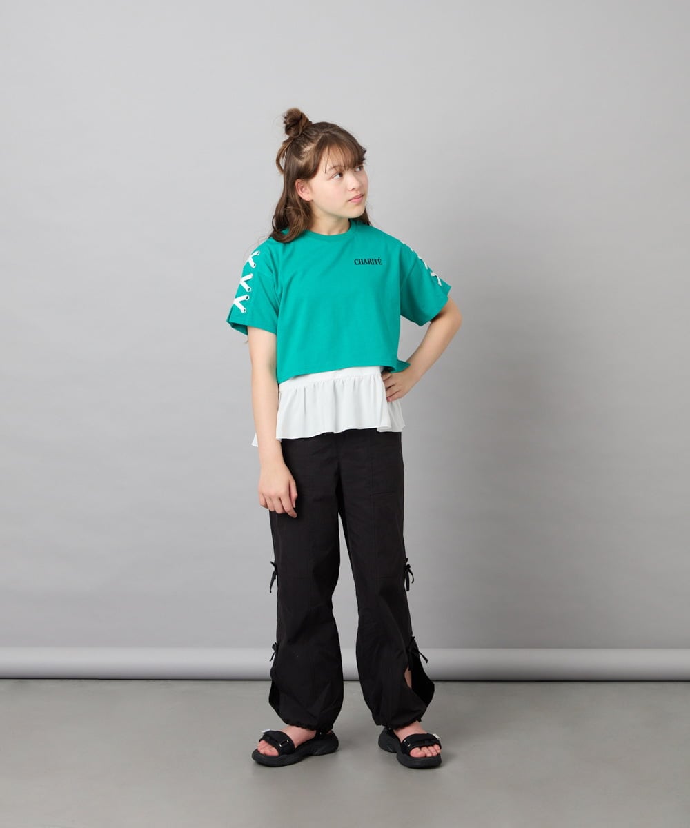KJKHD75035 a.v.v KIDS(アー・ヴェ・ヴェ) [130-160]【冷感/UVカット】レースアップロゴTシャツ グリーン