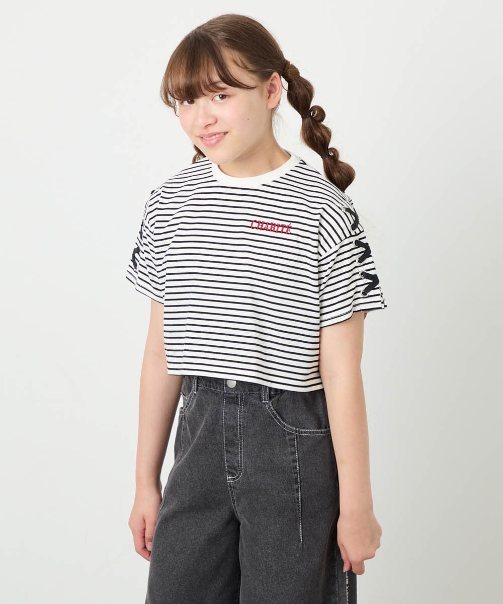 KJKHD75035 a.v.v KIDS(アー・ヴェ・ヴェ) [130-160]【冷感/UVカット】レースアップロゴTシャツ ホワイト
