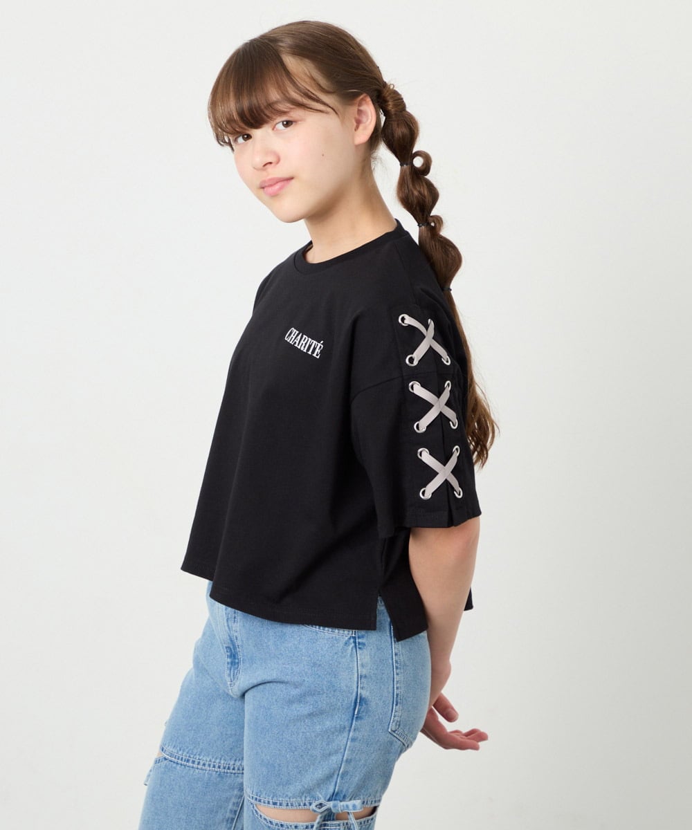KJKHD75035 a.v.v KIDS(アー・ヴェ・ヴェ) [130-160]【冷感/UVカット】レースアップロゴTシャツ ブラック