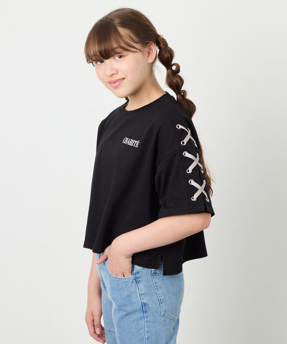 KJKHD75035 a.v.v KIDS(アー・ヴェ・ヴェ) [130-160]【冷感/UVカット】レースアップロゴTシャツ ブラック