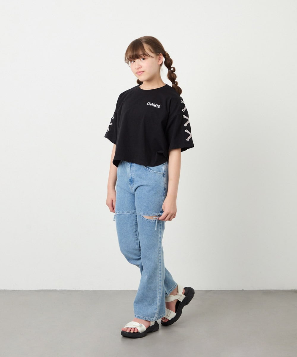 KJKHD75035 a.v.v KIDS(アー・ヴェ・ヴェ) [130-160]【冷感/UVカット】レースアップロゴTシャツ ブラック
