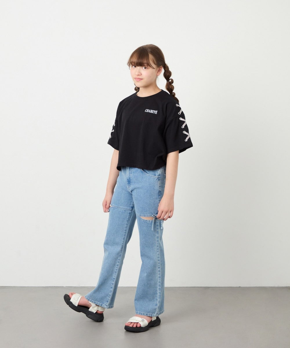 KJKHD75035 a.v.v KIDS(アー・ヴェ・ヴェ) [130-160]【冷感/UVカット】レースアップロゴTシャツ ブラック