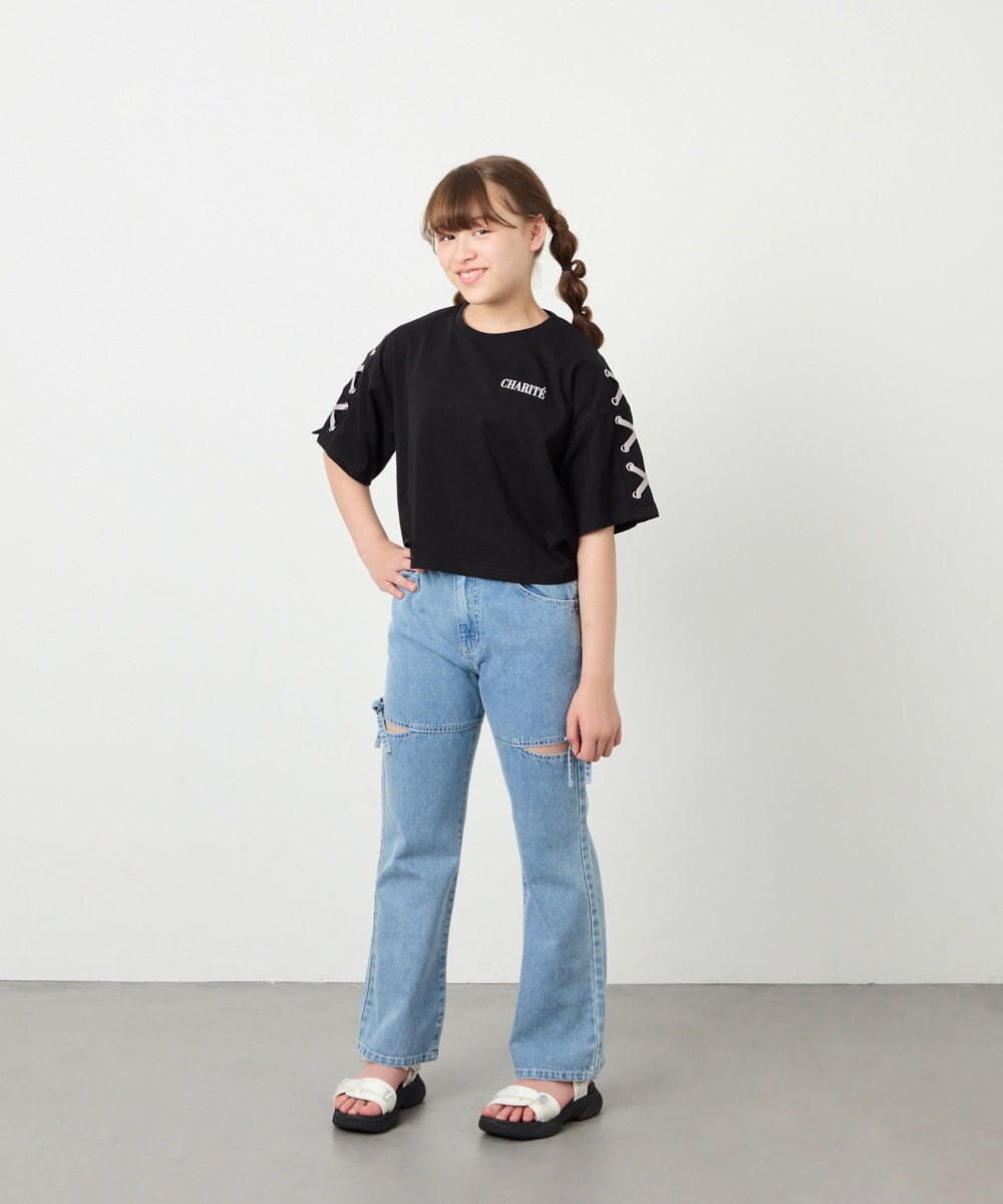 KJKHD75035 a.v.v KIDS(アー・ヴェ・ヴェ) [130-160]【冷感/UVカット】レースアップロゴTシャツ ブラック