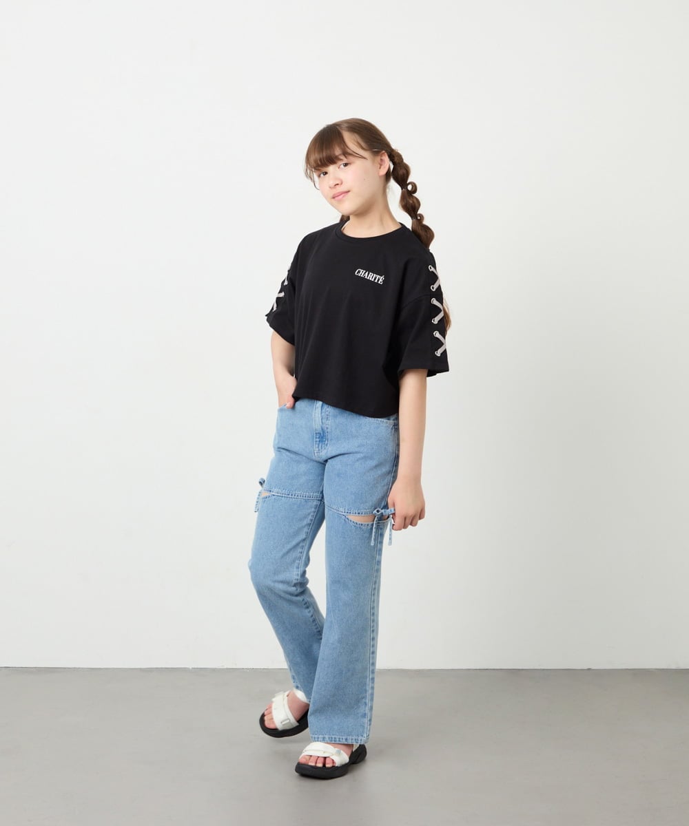 KJKHD75035 a.v.v KIDS(アー・ヴェ・ヴェ) [130-160]【冷感/UVカット】レースアップロゴTシャツ ブラック