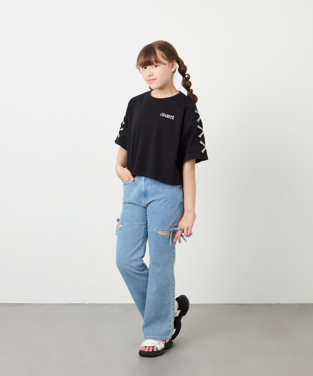 KJKHD75035 a.v.v KIDS(アー・ヴェ・ヴェ) [130-160]【冷感/UVカット】レースアップロゴTシャツ ブラック