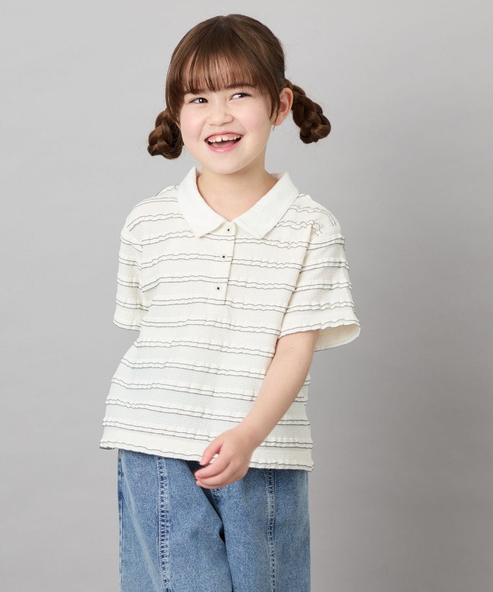KJKHD83035 a.v.v KIDS(アー・ヴェ・ヴェ) [130-160]【ママとお揃いコーデが叶う】フリルボーダーポロシャツ アイボリー