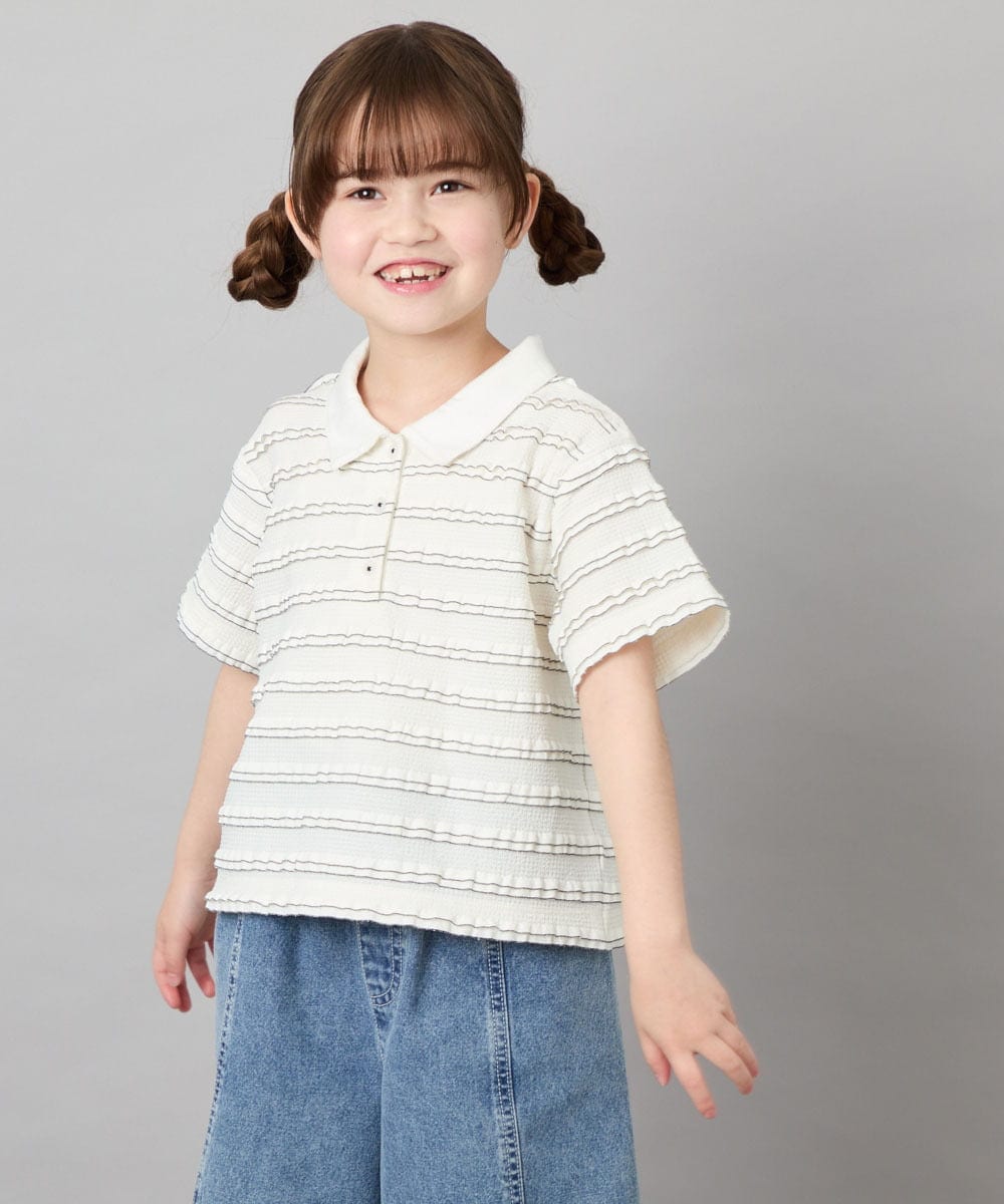 KJKHD83035 a.v.v KIDS(アー・ヴェ・ヴェ) [130-160]【ママとお揃いコーデが叶う】フリルボーダーポロシャツ アイボリー