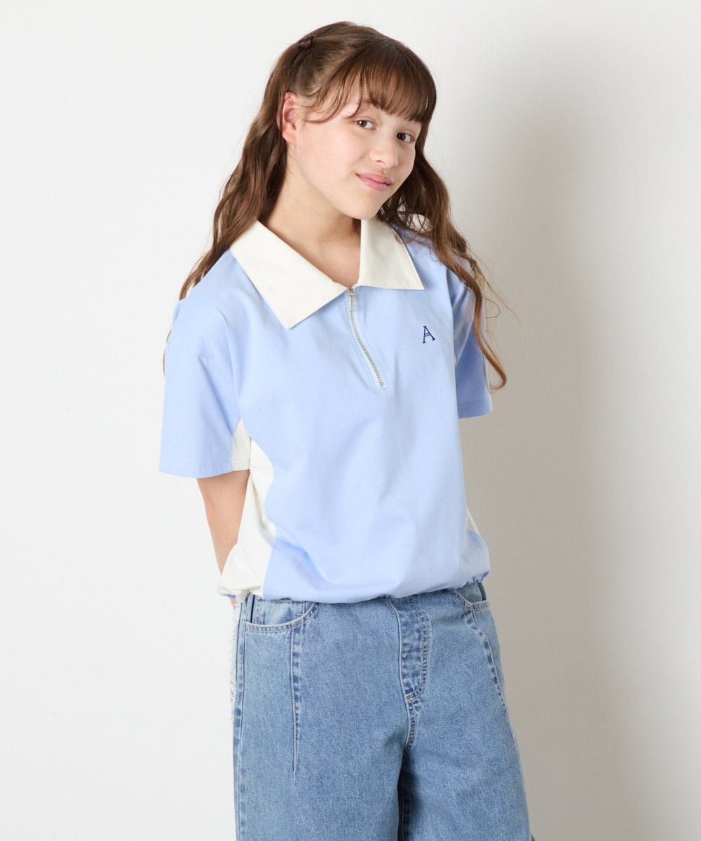 KJKHD90035 a.v.v KIDS(アー・ヴェ・ヴェ) [140-150]【男女兼用】襟付きバイカラーハーフジップ ライトブルー