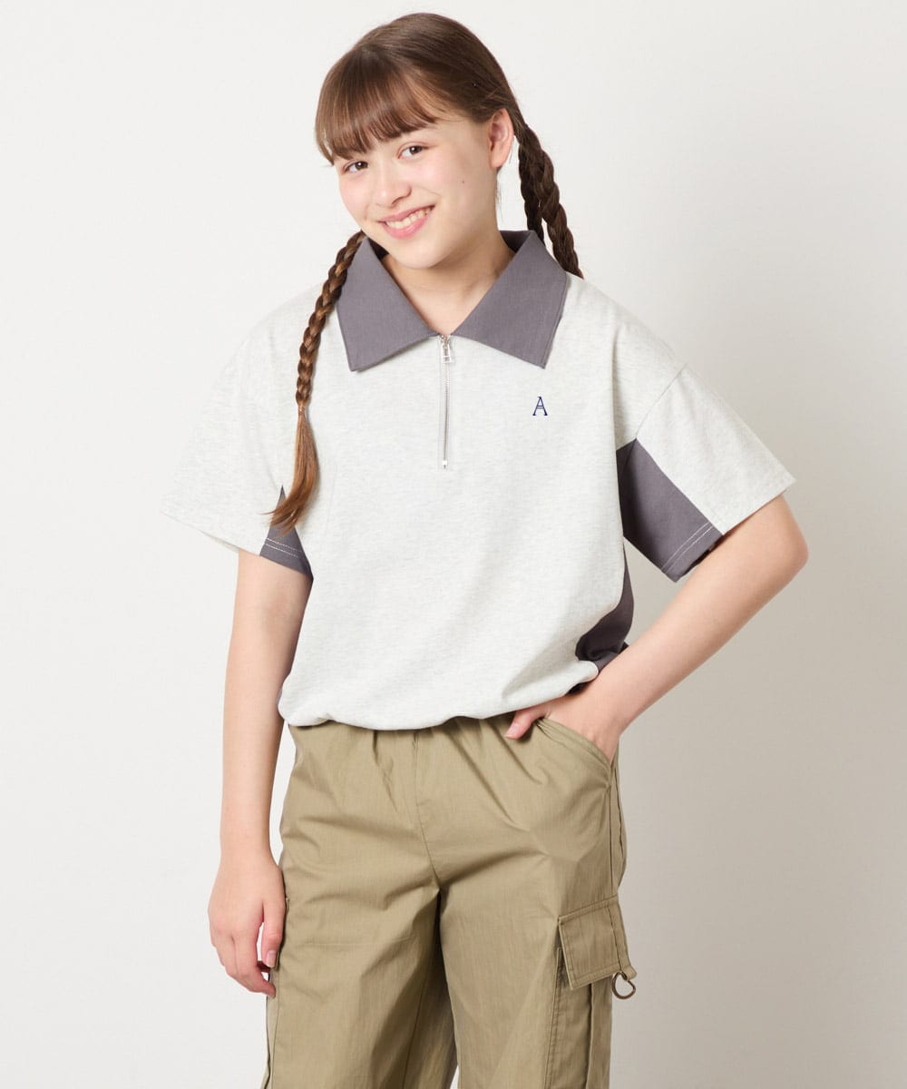 KJKHD90035 a.v.v KIDS(アー・ヴェ・ヴェ) [140-150]【男女兼用】襟付きバイカラーハーフジップ ライトグレー