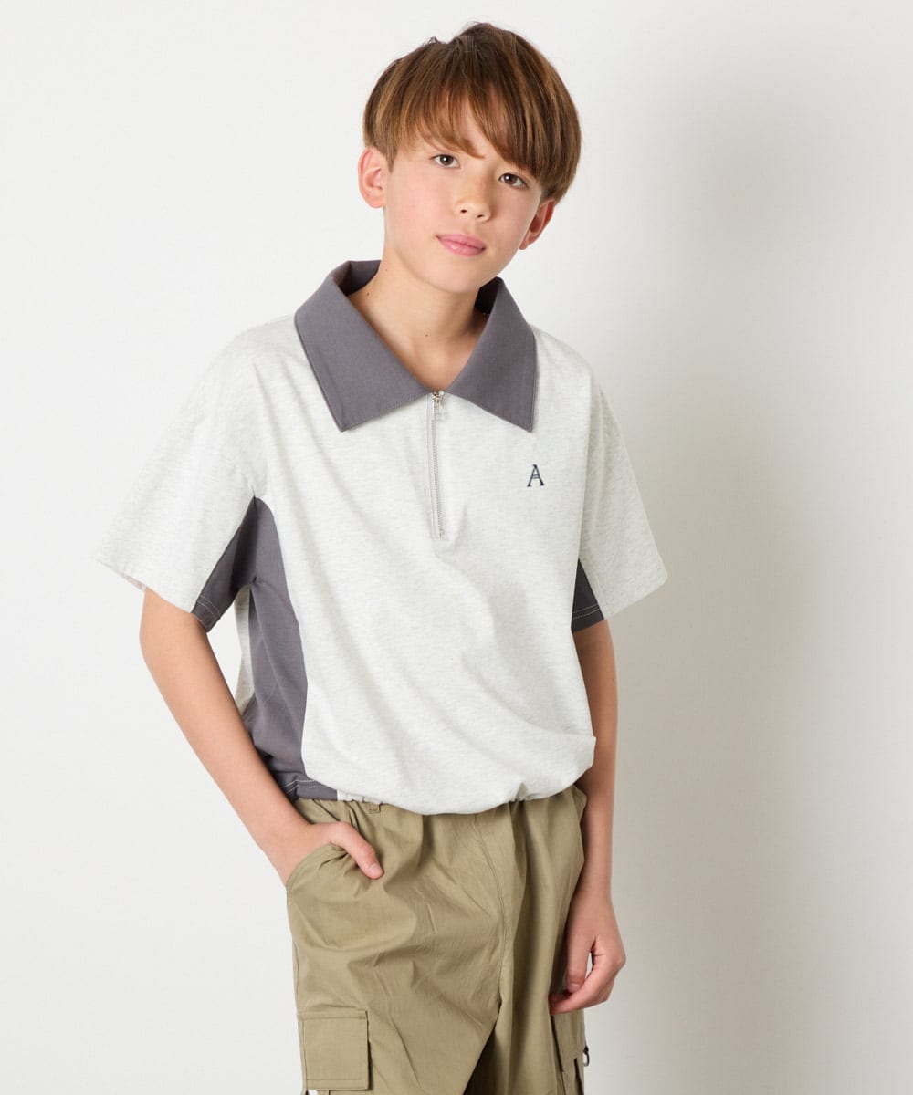 KJKHD90035 a.v.v KIDS(アー・ヴェ・ヴェ) [140-150]【男女兼用】襟付きバイカラーハーフジップ ライトグレー