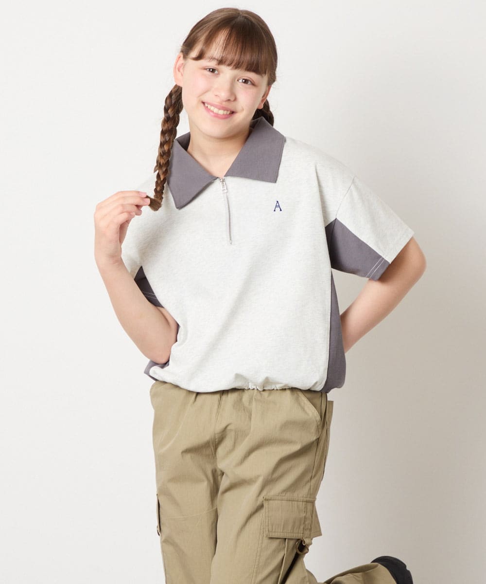 KJKHD90035 a.v.v KIDS(アー・ヴェ・ヴェ) [140-150]【男女兼用】襟付きバイカラーハーフジップ ライトグレー