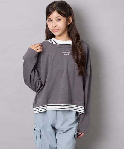 KJKJD03039 a.v.v KIDS [140-160]ボーダーレイヤード風ロングTシャツ