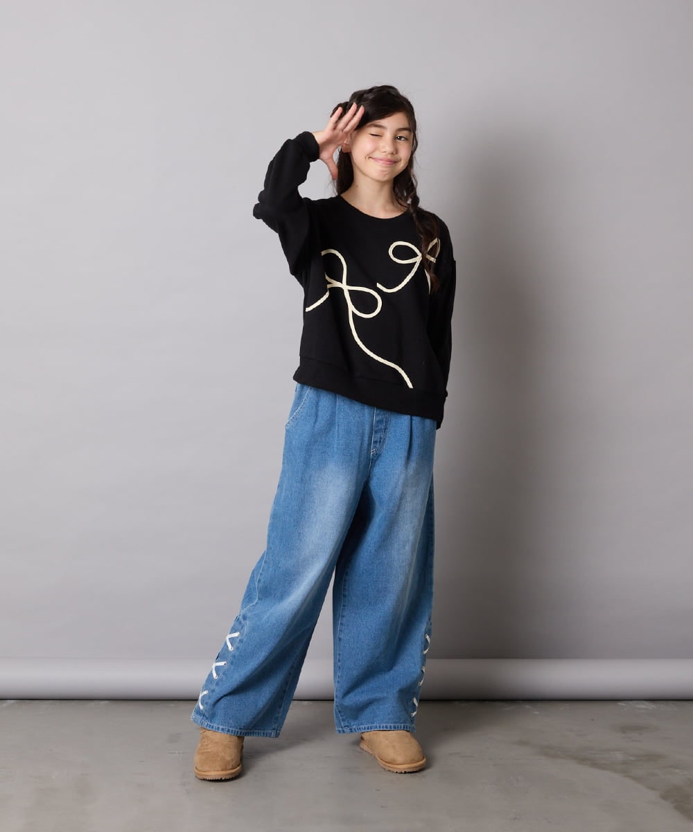 KJKLA41034 a.v.v KIDS(アー・ヴェ・ヴェ) [120-160]【立体リボンがカワイイ/通学にもオススメ】リボンテープ裏毛トレーナー アイボリー