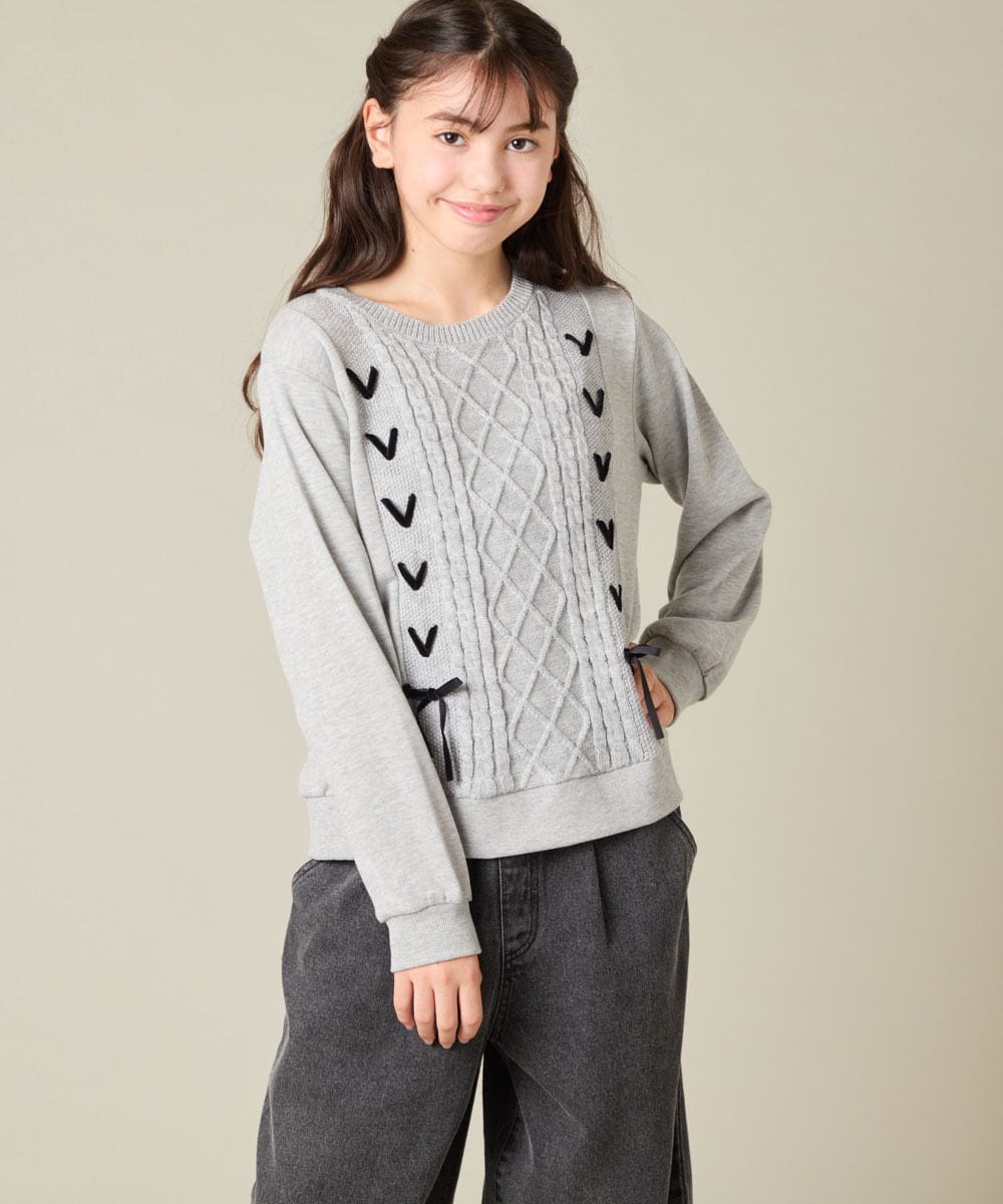 KJKLA46034 a.v.v KIDS(アー・ヴェ・ヴェ) [120-160]【通学にもオススメ/ケーブルニット×裏毛/編み上げリボン】ケーブルニットドッキングトレーナー グリーン