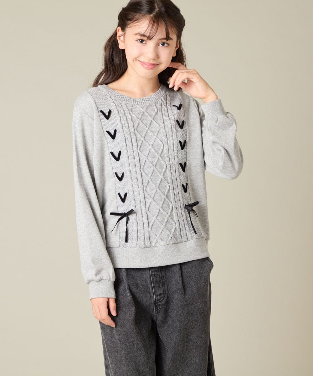 KJKLA46034 a.v.v KIDS(アー・ヴェ・ヴェ) [120-160]【通学にもオススメ/ケーブルニット×裏毛/編み上げリボン】ケーブルニットドッキングトレーナー グリーン
